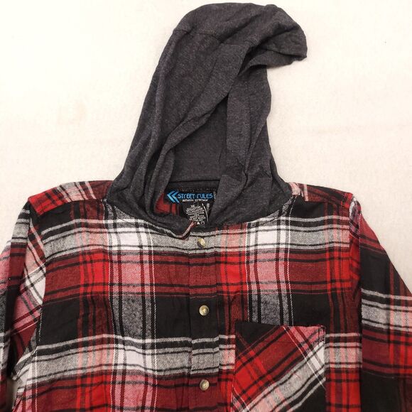 Street Rules Casual Button Up Long Hoodie Mens Size 18 Red Black Plaid - Picture 1 of 10